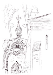 Orthodox church in the Abramtsevo estate near Moscow in Russia, graphic linear travel sketch