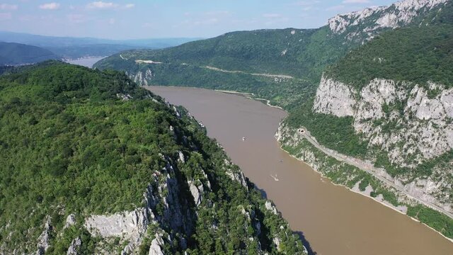 Orsova, Romania. Aerial view of the Danube Gorges (Cazanele Dunarii) 