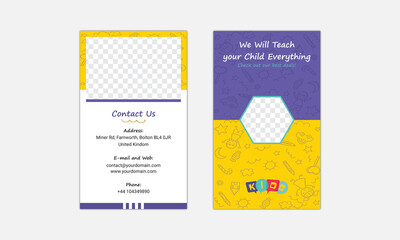 Business cards collection, people crowd design, brochure vector template with doodle children drawing, Horizontal Back to School Design