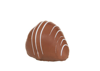 Close up on giant strawberry dipped completely in milk chocolate, drizzled with contrasting white chocolate.
