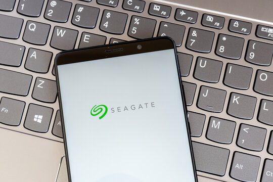 Toronto, On, Canada - February 27, 2021: Seagate logo on smartphone screen on keyboard. Seagate Technology PLC is an American data storage company.