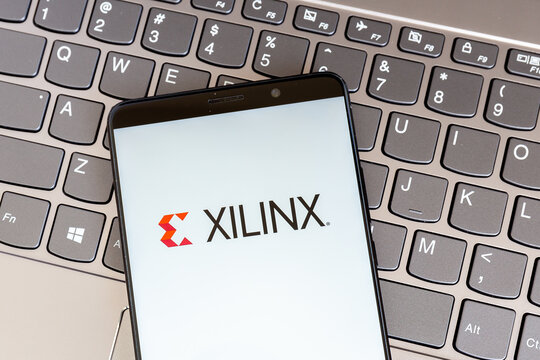 Toronto, On, Canada - February 27, 2021: Xilinx logo on smartphone screen on keyboard. Xilinx, Inc. is an American technology company that is primarily a supplier of programmable logic devices. 