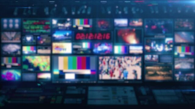 Defocused TV Broadcast News Studio Video Control Room Screens - Loop 4K