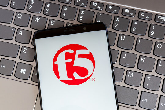 Toronto, On, Canada - February 27, 2021: F5 logo on smartphone screen on keyboard. F5, Inc. is an American company that specializes in application services and application delivery networking.