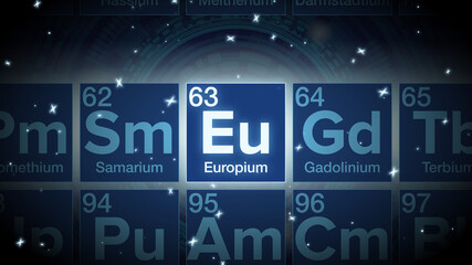 Close up of the Europium symbol in the periodic table, tech space environment.