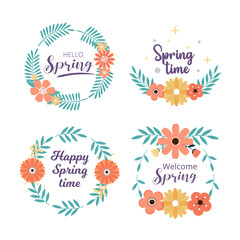Spring badge and label collection. Hello spring. Greeting card. Vector illustration. Hand drawn. Flat design.