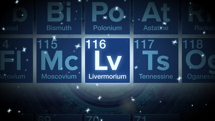 Close up of the Livermorium symbol in the periodic table, tech space environment.