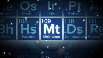 Close up of the Meitnerium symbol in the periodic table, tech space environment.