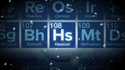 Close up of the Hassium symbol in the periodic table, tech space environment.