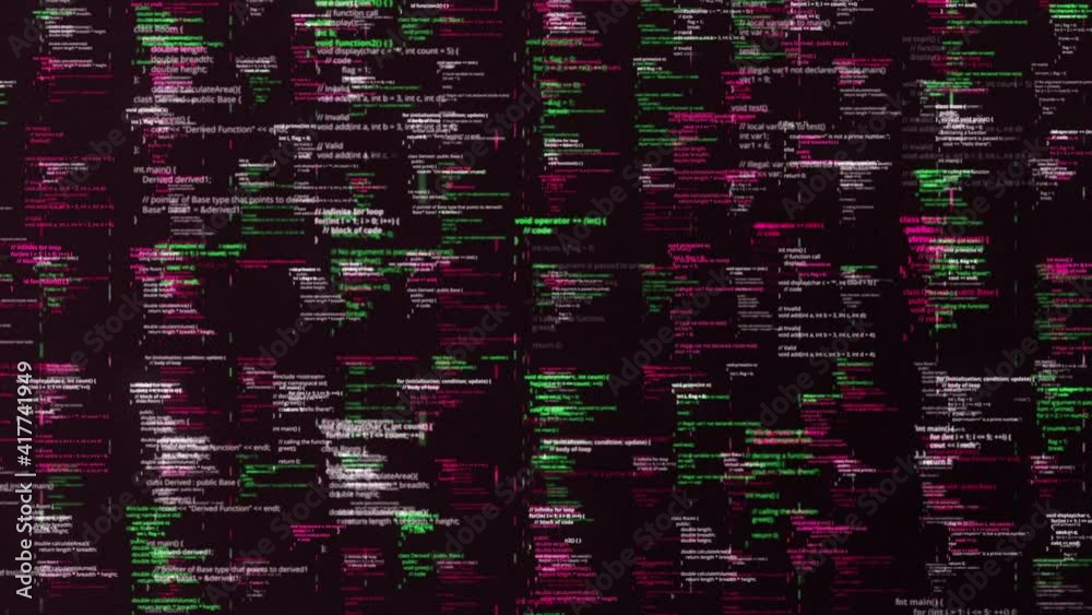 Poster details of programming code on computer screen. animation. blocks of digital information being writt