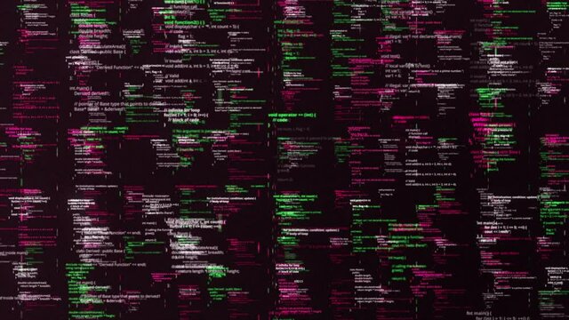 Details of programming code on computer screen. Animation. Blocks of digital information being written on black background, seamless loop.