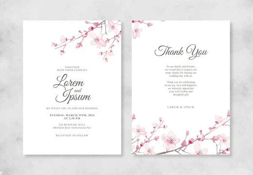 Elegant wedding invitation with hand painted watercolor Cherry blossoms