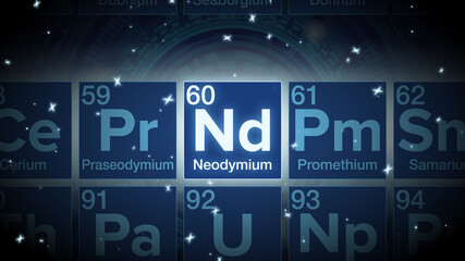 Close up of the Neodymium symbol in the periodic table, tech space environment.