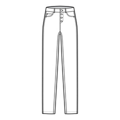 Jeans botton fly tapered Denim pants technical fashion illustration with full length, low waist, rise, 5 pockets. Flat bottom apparel template front, white color style. Women, men, unisex CAD mockup