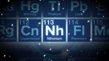 Close up of the Nihonium symbol in the periodic table, tech space environment.