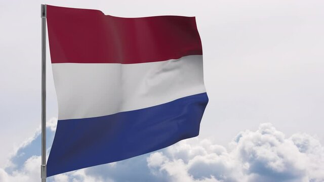 Netherlands flag on pole with sky background seamless loop 3d animation
