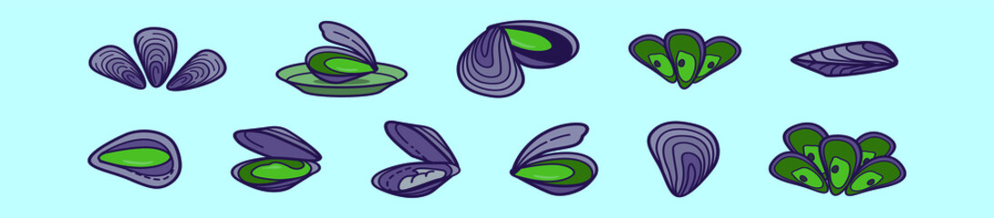 set of mussel cartoon icon design template with various models. vector illustration isolated on blue background