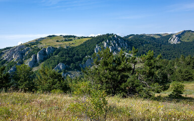 View of the surrounding mountains from the top of the Demerdzhi mountain range in Crimea.