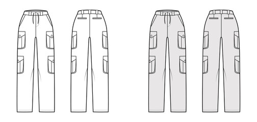 Set of cargo pants technical fashion illustration with normal waist, high rise, pockets, belt loops, full lengths. Flat bottom apparel front back, white, grey color style. Women, men unisex CAD mockup