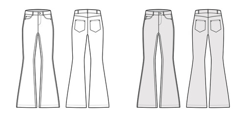 Jeans flared bottom Denim pants technical fashion illustration with full length, low waist, 5 pockets, Rivets. Flat bottom template front back, white, grey color style. Women, men, unisex CAD mockup