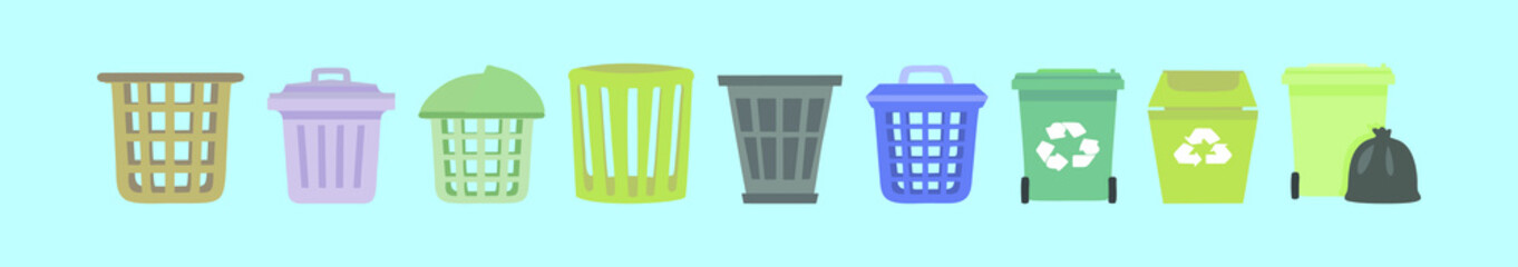 set of waste basket cartoon icon design template with various models. vector illustration isolated on blue background