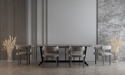Modern cozy mock up decor interior design of dining room and marble wall texture background
