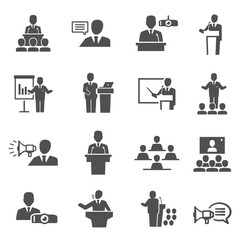 Public speaking, political debate, lecturer speech bold black silhouette icons set isolated on white. - obrazy, fototapety, plakaty
