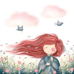 Hi spring. spring illustration with girl, spring flowers and birds illustration for holiday greeting card. 