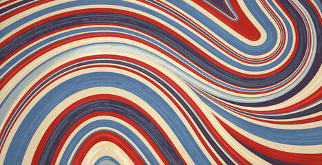 An abstract flowing stripes background of red, blue, and ivory in muted tones.
