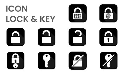 Icon vector sets of master key and key as locking and unlocking for key and password and fingerprint key required in design of dark color outline or silhouette