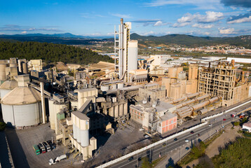 View from drone of cement plant industrial area, Catalonia, Spain