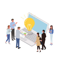 ビジネス,人物,ビジネスマン,パソコン,ビジネスウーマン,ビジネスイメージ,仕事,お金,働く,社会人,アイソメトリック,アイソメ,男性,女性,オフィスカジュアル,全身,アイソメ構図,日本人,白バック,若い,アイソメ図,イラスト,会社員,マネー,金,金融,アイディア,電球,ひらめき,チーム,コミュニケーション,戦略,ブランディング,働き方,ノートパソコン,営業,エンジニア,SE,資料,横,大勢,複数