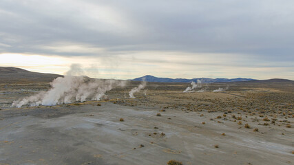 Aerial view of Steam rising from geothermal vents in the Nevada desert