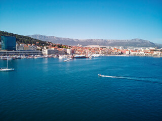 Drone view of Split old town sea promenade and harbour, Croatia.