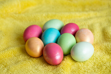 Fototapeta na wymiar Colored Easter eggs. Traditional orthodox symbol. Spring celebration event.
