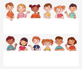 Funny kids. Vector cute boys and girls collection. Multi-ethnic group of happy children. Different cartoon faces icons
