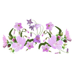 Fototapeta na wymiar Vector floral element for design postcards, floral print on clothes, accessories, pink and lilac flowers with buds isolated on white background