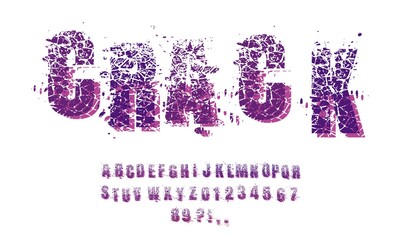 Decorative alphabet vector font. Letters symbols and numbers. Typography for headlines, posters etc. Shattered style. Grunge texture
