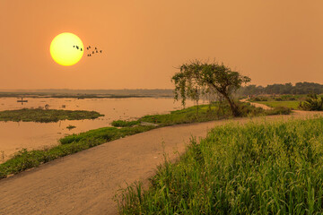 Scenic rural India landscape with view of unpaved village road along side a river at sunset