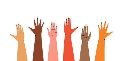 Diverse raised hands isolated on white background.  Concept of social support and unity. Hand drawn flat vector illustration.