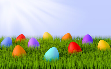 Fototapeta na wymiar 3d Easter Eggs in Grass, colored, light