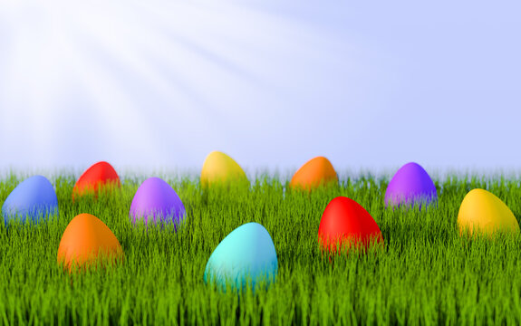 3d Easter Eggs in Grass, colored, light
