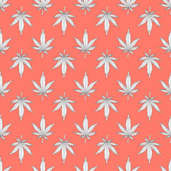 Cannabis seamless pattern. White hemp leaves on an orange background. Marijuana pattern vector illustration