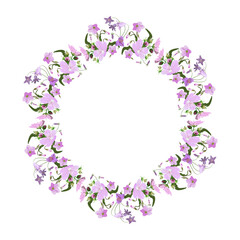 Vector floral round frame for design of greeting cards, wedding invitations labels, pink and lilac flowers with buds isolated on white background in the center of memto for text