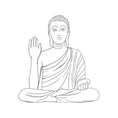 Buddha isolated in white background. Buddha statue with one hand up. Outline vector illustration