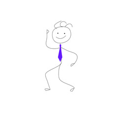 happy little man silhouette in tie goes isolated on white background