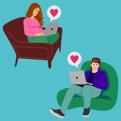 Man sitting at computer and using dating website to chat or searching for girlfriend on internet. Vector flat illustration