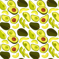 Background with hand drawn whole and sliced fruits in trendy flat style on white background.