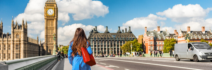 London city commuters walking by Westminster Big Ben people lifestyle. Tourist woman commuting in...