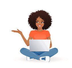 Young african woman using laptop computer showing, sitting with crossed legs isolated vector illustration